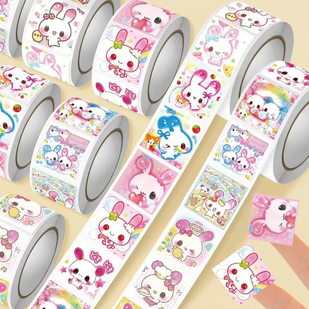 500pcs/롤 만화 복고풍 귀여운 Y2K 토끼 씰링 스티커 DIY PVC 노트북 데칼 장식 보상 선물 장난감