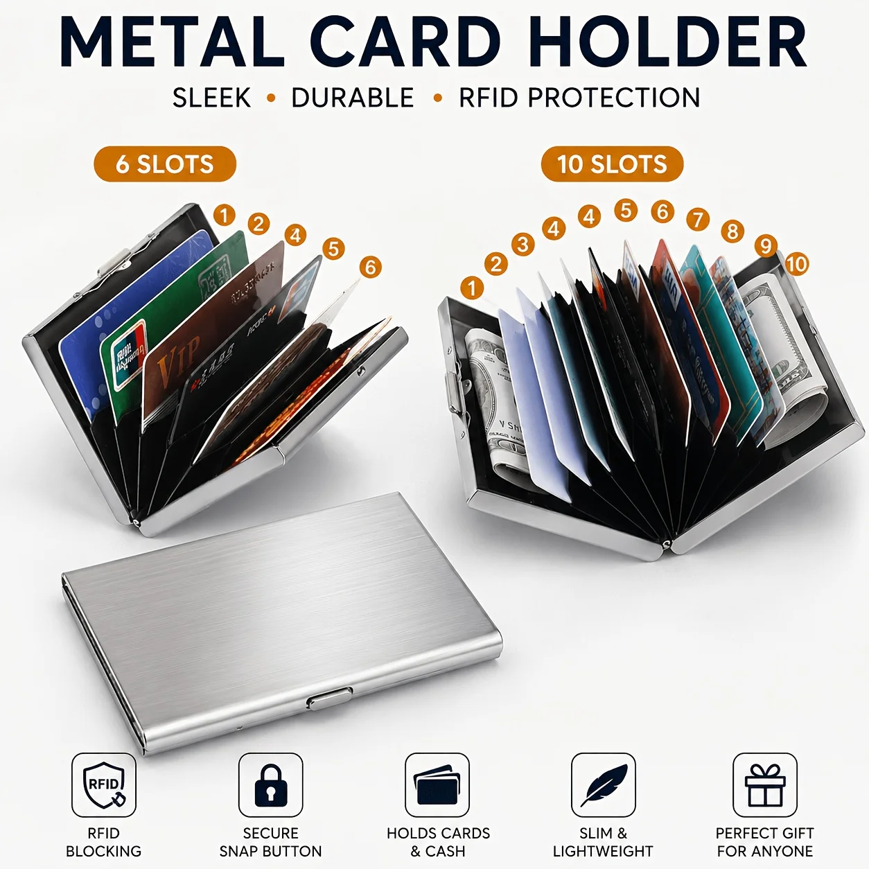 RFID 신용카드 홀더, 남녀공용 안전 지갑, 6슬롯 또는 10슬롯 금속 신용카드 지갑, 도난 방지 기능 포함