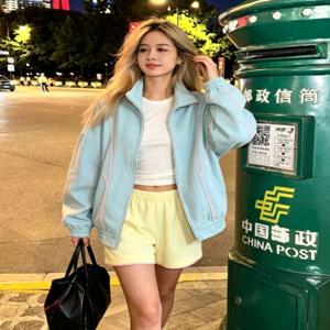 연하늘색 지퍼 블루종 여성용 시크 핑크 폼폼 스티치 장식 루즈핏 스탠드 칼라 밴딩 소매 코트 여성 캐주얼 스트리트웨어