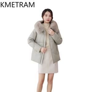 KMETRAM 정품 양가죽 구스다운 재킷 여성용 폭스 퍼 칼라 숏 패딩 재킷 겨울 후드 코트 2026 여성 의류