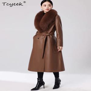 Tcyeek 양가죽 리얼 레더 재킷 여성용 윈드브레이커 벨트 포함 거위털 안감 탈부착 가능 겨울 의류 여우털 칼라