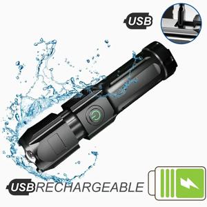 강력한 LED 손전등 충전식 USB 18650 방수 줌 낚시 사냥 캠핑 100,000 루멘 전술 손전등 LED FL