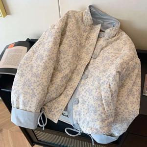 여성용 블루 프린트 스탠드업 칼라 코튼 재킷, 2024 캐주얼 루즈한 한국 버전, 달콤한 따뜻한 코튼 재킷, 겨울 신상