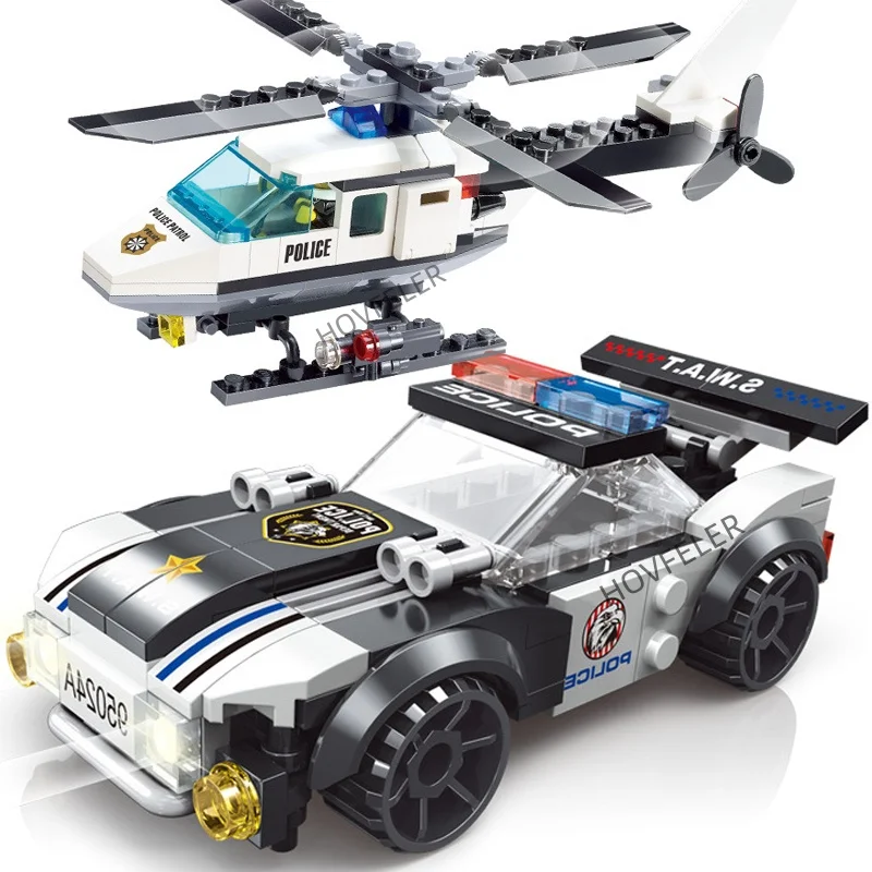 슈퍼 경찰 도시 비행기 듀얼 로터 헬리콥터 유명한 자동차 SWAT 빌딩 블록 DIY MOC 클래식 모델 벽돌 어린이 키트