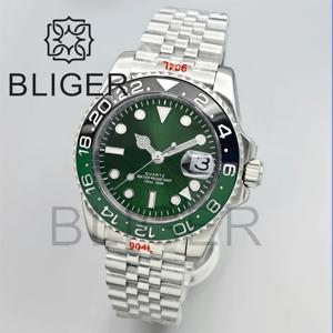 BLIGER 40mm GMT 남성용 시계 100M 방수 사용자 정의 로고 세라믹 사파이어 스테인레스 스틸 비즈니스 자동 남성용 시계