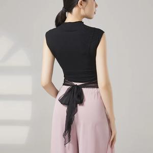 여성용 모던 댄스 티셔츠 미들 칼라 발레 댄스 크롭 탑 백 붕대 Elegante 스레드 요가 블라우스 댄스 의상