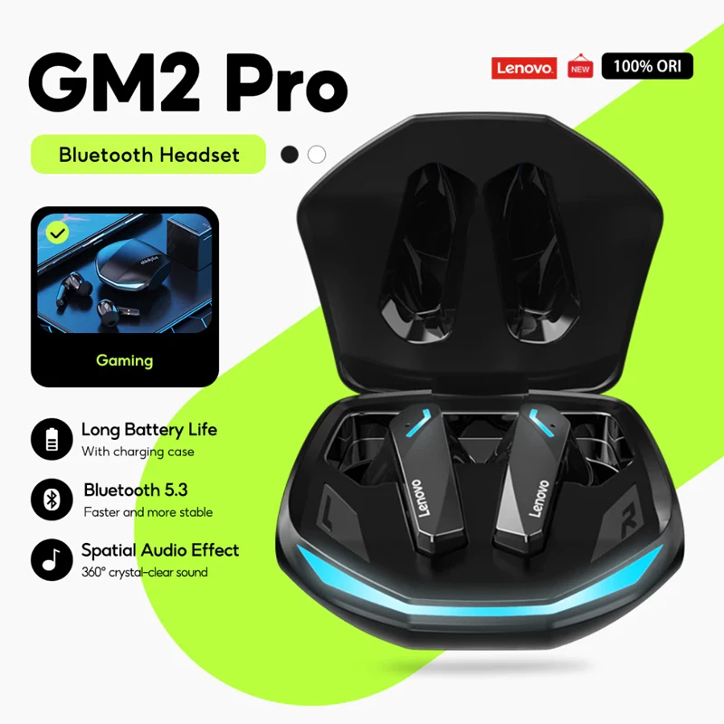 레노버 GM2 PRO 게임용 블루투스 헤드셋 5.3 스포츠 헤드셋 듀얼 모드 HD 통화 소음 감소 이어버드(마이크 포함) 음악 이어폰