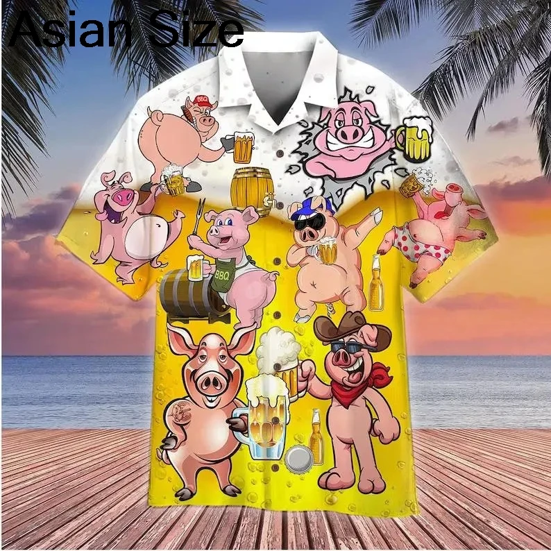 귀여운 돼지 하와이 셔츠 핑크 돼지 여름 알로하 셔츠 Barchelory 파티 복장, 재미 있은 하와이 셔츠, 돼지 애호가, 농부를위한 선물 탑스
