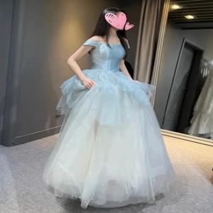 파란색 이브닝 드레스 여성 성인식 생일 연회 플리잉 프린세스 스커트 고급 명품 보컬 아트 시험 공연 의상