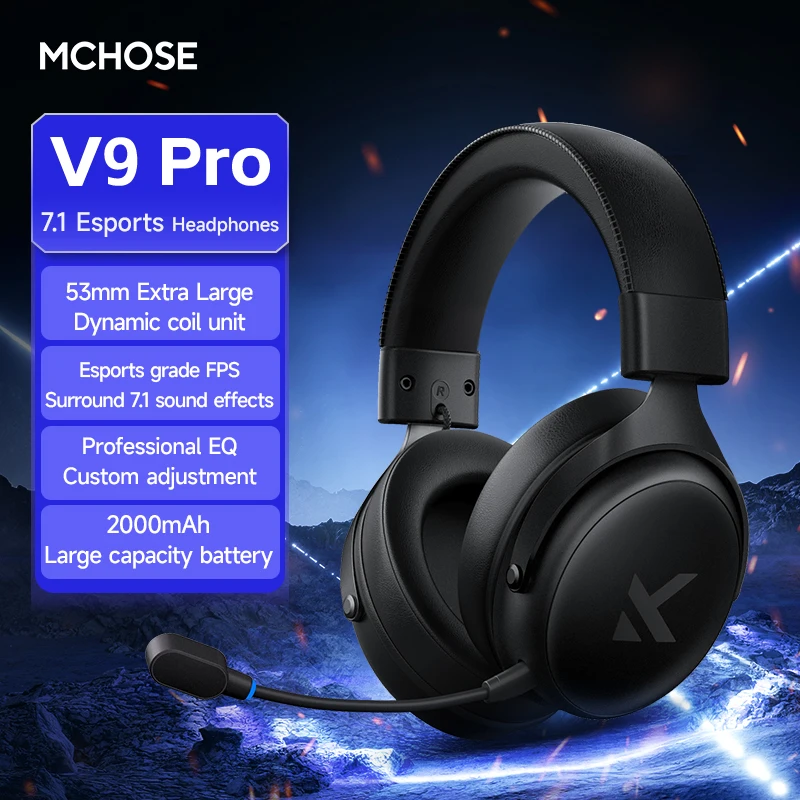 MCHOSE V9 Pro 게이밍 헤드셋, 마이크가 포함된 PC용 오버이어 쿼드 모드 무선 블루투스 헤드폰(델타 스타일)