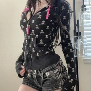 빈티지 펑크 해골 프린트 하라주쿠 후드티 여성 캐주얼 빈티지 블랙 후드 재킷 Y2K 감성 크롭 지퍼 스웨트셔츠 케이팝