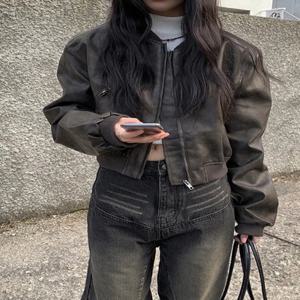 스타일리시한 빈티지 BF 스타일 루즈핏 칼라 오토바이 재킷 숏 아우터 여성 트렌디 PU 가죽 코트 청소년 봄 긴팔