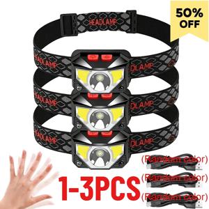 1-3PCS COB 및 LED 비드가 포함된 충전식 LED 헤드램프 센서 헤드라이트 8가지 조명 모드 흰색 및 빨간색 조명 낚시등