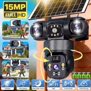 V380 3화면 3렌즈 WIFI 카메라 태양광 PIR 인체감지 야간 투시경 보안 비디오 IP 카메라 15MP 8K HD 배터리 CCTV 모니터