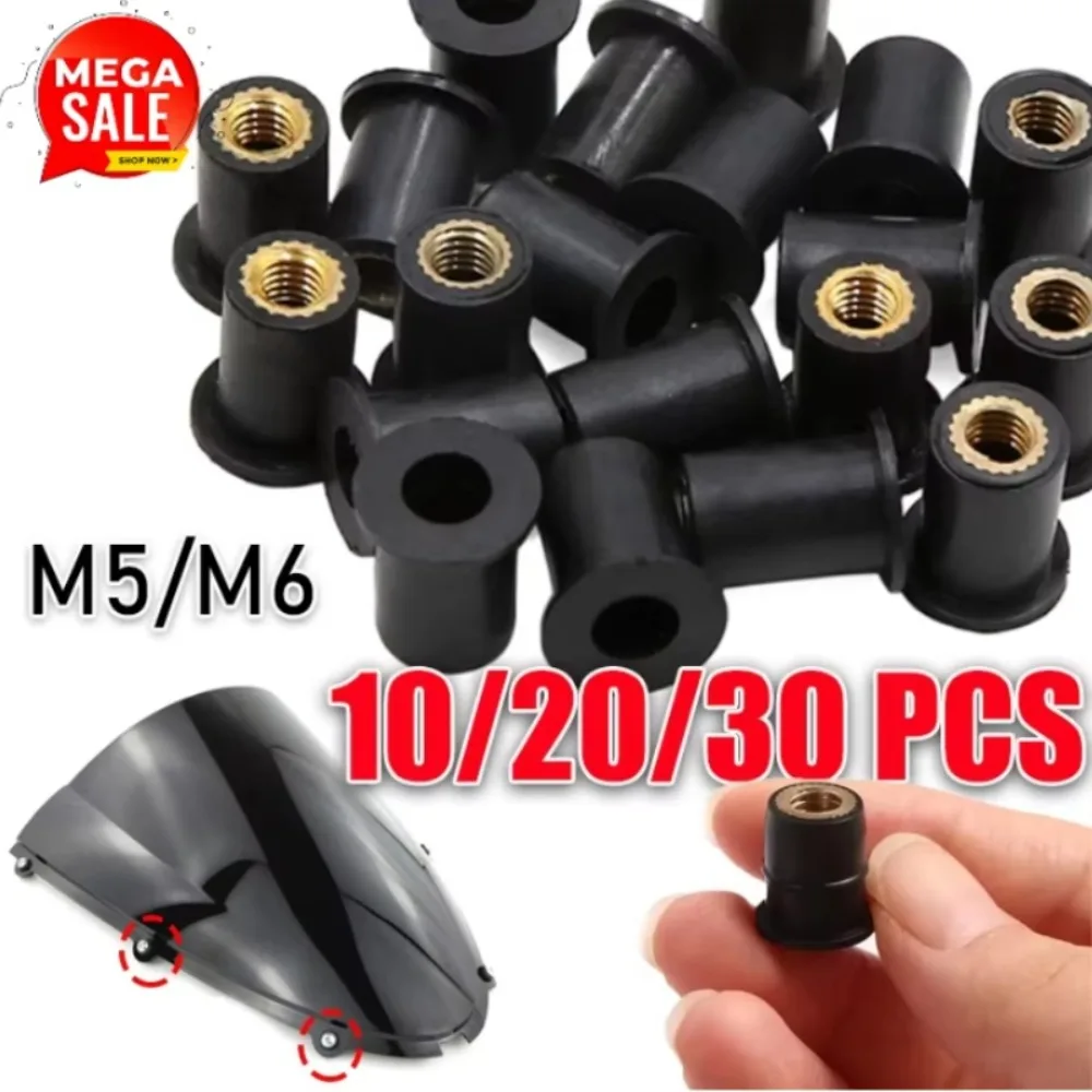 10/20/30PCS M5/M6 볼록형 고무 처리된 황동 리벳 너트 오토바이 윈드스크린 코터 너트 오토바이 액세서리