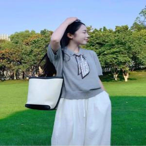 한국 스타일 그레이 폴로넥 아이스 실크 니트 반팔 여성 티셔츠 여름 디자인 감각적인 소량 생산 반팔 포켓 손수건