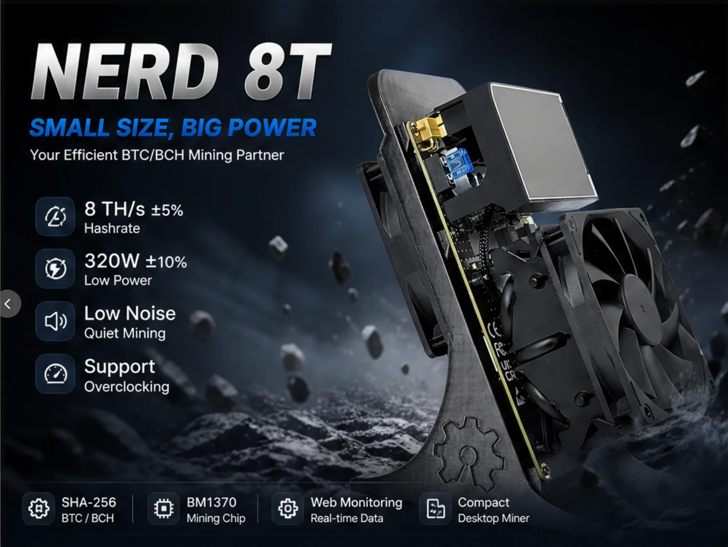 YYSLuping Nerdqaxe 8T Miner 8TH/s 홈 마이너 BTC BCH 마이닝용 저소음 데스크탑 마이너, 200W, 전원 어댑터 포함