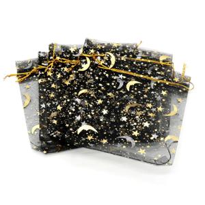 50개입, 거즈 소재의 별과 달 모양 검은색 포장 봉투, 9*12cm, 특별한 디자인, 오간자 소재, 금박 장식, 웨딩 선물, 사탕, 보석류 포장용