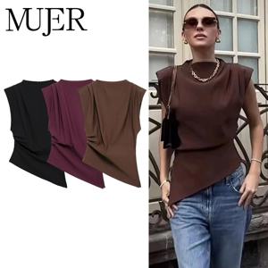 MUJER 비대칭 탱크 탑 여성 여성을위한 셔링 민소매 탑 하이 넥 Strapless 탑 여성 패션 미적 탑 여성