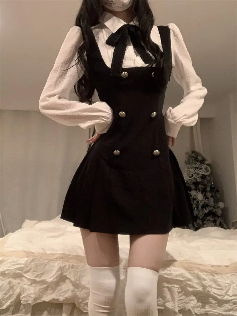 CGC 프레피 스타일 가짜 두 조각 여자 짧은 드레스 캐주얼 나비 넥타이 일본 JK 로리타 드레스 여성 2025 여름 파티 드레스