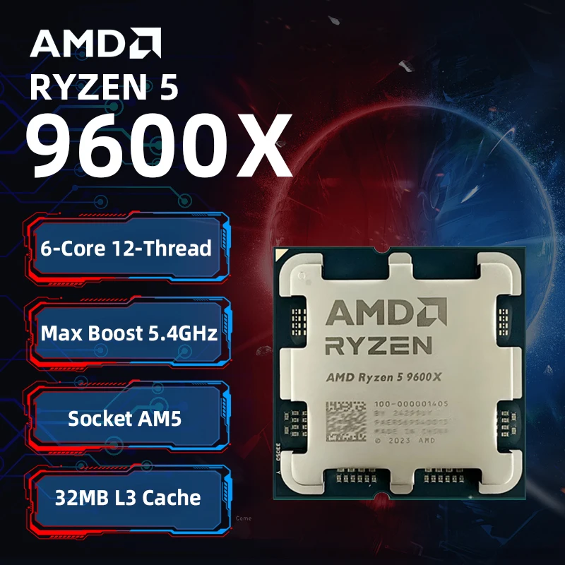AMD 라이젠 5 9600X CPU 100% 새제품 AMD 9600X 프로세서 최대 5.4GHz 6코어 12스레드 32MB L3 캐시 소켓 AM5 젠 5 게이밍 CPU