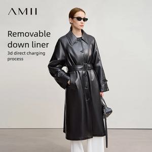 AMII 다운 코트 2025 겨울 신상 벨트 포함 PU 가죽 솔리드 롱 다운 재킷 여성용 따뜻한 싱글 브레스티드 스트레이트 탑 12554039
