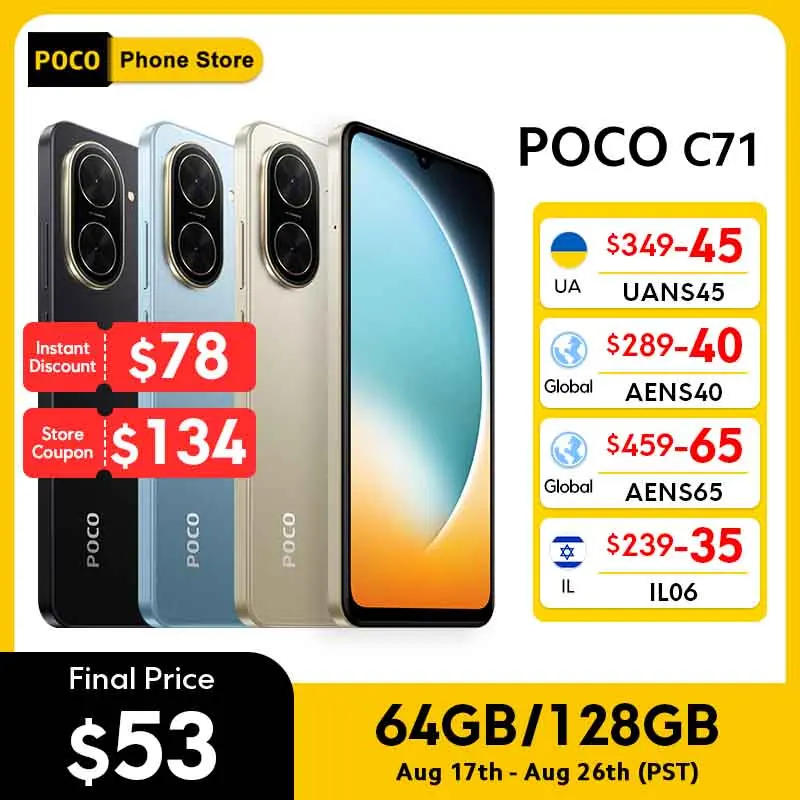 POCO C71 스마트폰 글로벌 버전 64GB/128GB UNISOC T7250 120Hz 6.88인치 디스플레이 32MP AI 듀얼 카메라 15W 고속 충전 5200mAh