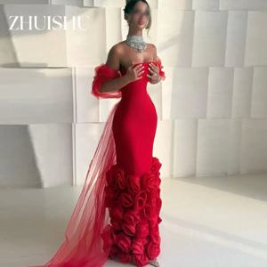 ZHUISHU 럭셔리 레드 여성 이브닝 드레스 스트랩리스 시스 핸드메이드 플라워 파티 가운 맞춤형 공식 행사 드레스 2026