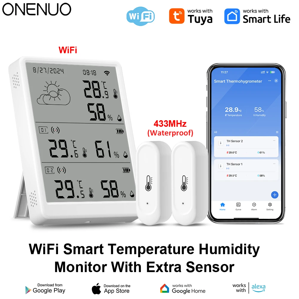 투야 와이파이 기상 관측소 스마트 온습도계 키트 와이파이 게이트웨이&실외 IP65 방수 433mhz 온습도계 앱 알림 기능 포함