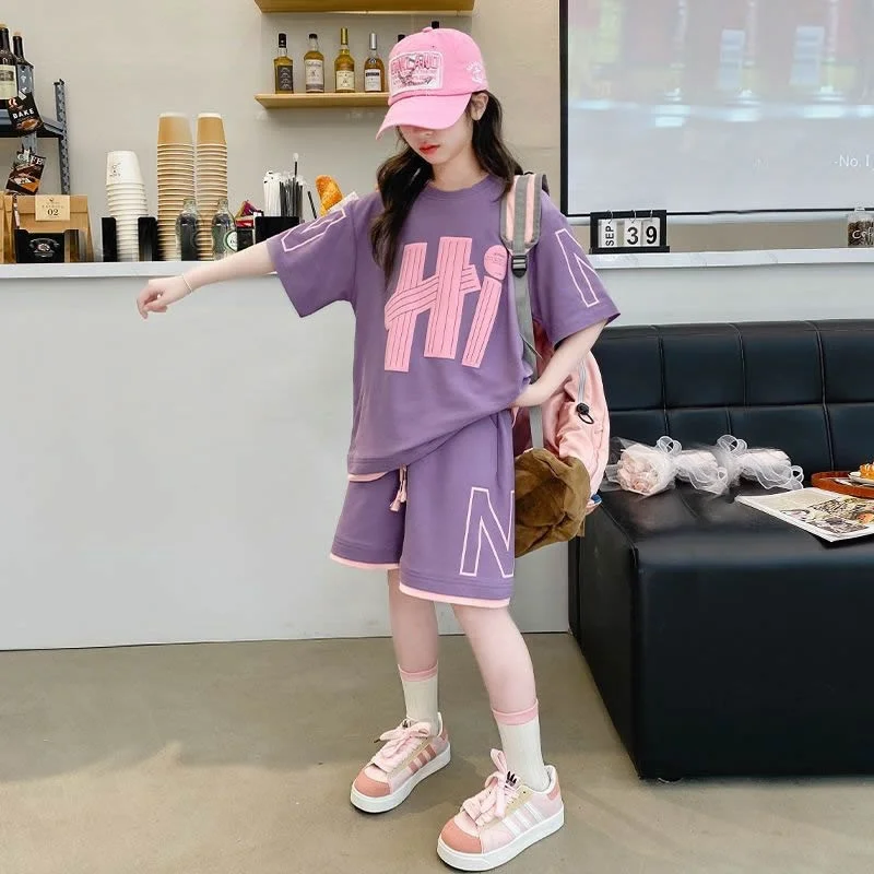 여자 레터 프린트 세트 여름 신작 키즈 반팔 탑 + 반바지 2Pcs 의상 루즈 캐주얼 티셔츠 정장 아동복 5-14Y
