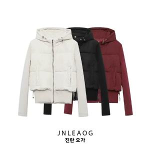 JNLEAOG 여성용 스트리트 스타일 지퍼 후드 블랙 코튼 자켓 가을 신상 슬림핏 긴팔 라운드넥 코트