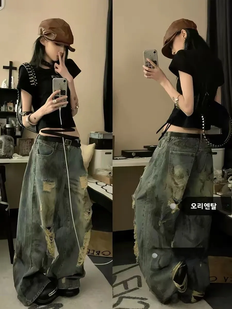 트렌디한 스파터드 잉크홀 와이드 레그 데님 진 여성용 봄 여름 신상 워싱드 드레이핑 스트레이트 롱 팬츠