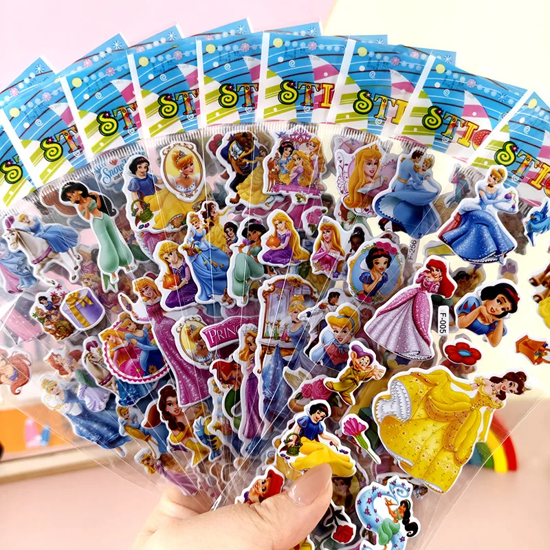 12PCS 애니메이션 디즈니 공주 백설 공주 스티커 카와이 귀여운 방수 3D 차원 스티커 푹신한 대량 도서 스티커 장난감 선물