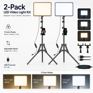2팩 LED 비디오 조명 키트 2800-6500K 디밍 가능 스튜디오 조명, 삼각대 스탠드 및 휴대폰 거치대 포함, 스트리밍 및 브이로그 촬영용