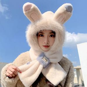 토끼 귀 모양 일체형 모자 스카프 세트 부드럽고 아늑한 스키 및 하이킹 넥 게이터 방풍 겨울 여성용 아웃도어 액세서리 세트