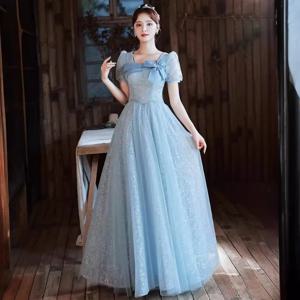 2026년 신상 여성 여름 블루 보우 퍼플 이브닝 드레스 패셔너블 슬림 학생 졸업 예술 시험 워킹 드레스