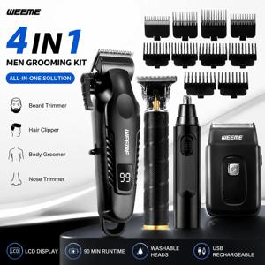 4 in 1 남성용 그루밍 키트 헤어 클리퍼 수염 트리머 바디 그루머 코털 트리머 LCD 디스플레이 USB 충전식 T 블레이드 면도기