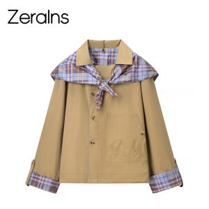 ZERAINS 2025 가을 겨울 신상 여성 의류 다용도 레트로 영국풍 체크 양면 착용 라펠 스카프 재킷