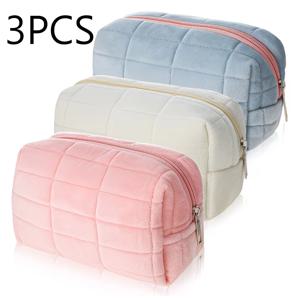 플러시 메이크업 가방 3종 세트, 체크무늬 메이크업 가방, 대용량 지퍼 여행용 세면도구 가방, 휴대용 다기능 수납 가방, 귀여운 메이크업 브러쉬 보관 파우치, 여성용, 핑크, 블루, 화이트