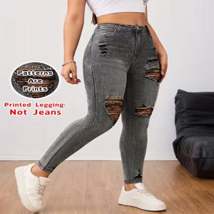 【Non-Denim】여성용 인조 데님 프린트 레깅스, 스포츠 캐주얼 스키니 팬츠, 얇고 부드러운 피부 친화적인 요가 팬츠, 사계절 착용 L