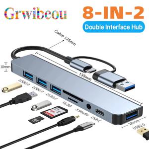 8포트 2 USB + 타입 C 허브, 카드 리더 포함, USB C 포트, USB 3.0 / 2.0, SD/TF 카드 리더, 도킹 스테이션
