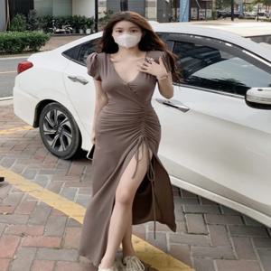 섹시한 V 넥 드로스트링 반소매 드레스 여성 여름 슬리밍 미니 오버 니 랩 바디콘 롱 드레스 한국 스타일 통근