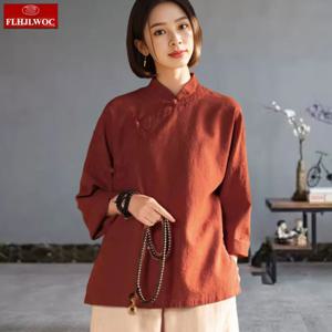 면 린넨 탑 중국풍 치파오 칼라 디자인 2025 가을 여성 데이트 소녀 우아한 레트로 레드 화이트 셔츠 블라우스 빈티지