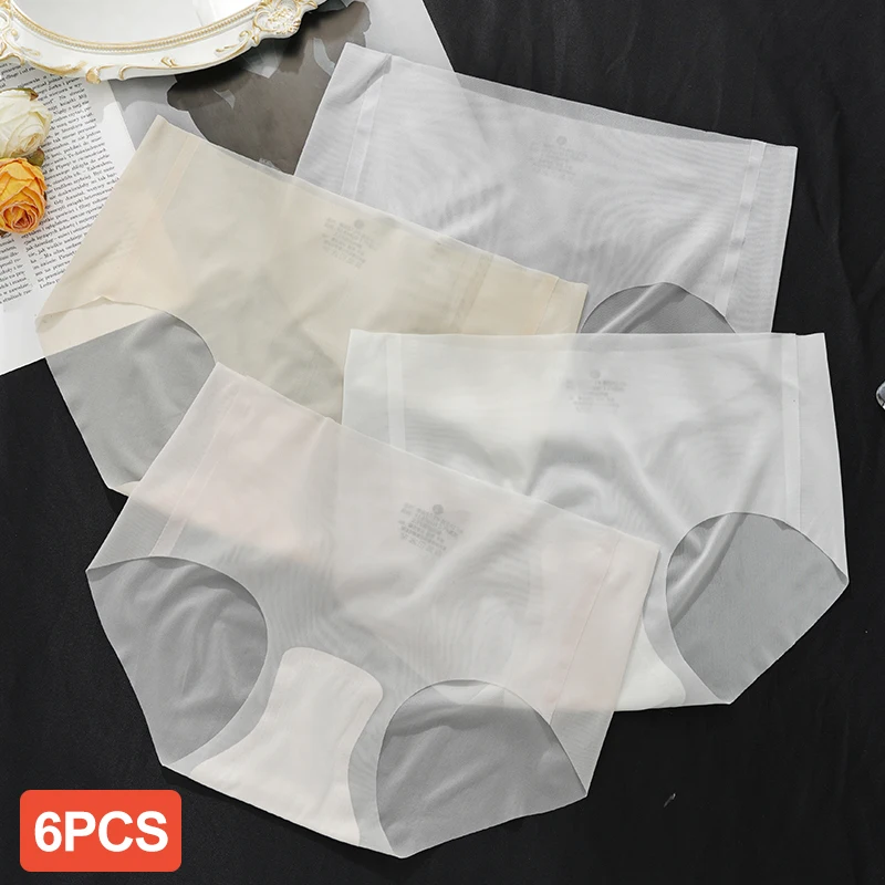 6PCS 여름 얼음 실크 원활한 속옷 숙녀 여름 울트라 얇은 감각 빠른 건조 바지 팬티 팬티 M-XL