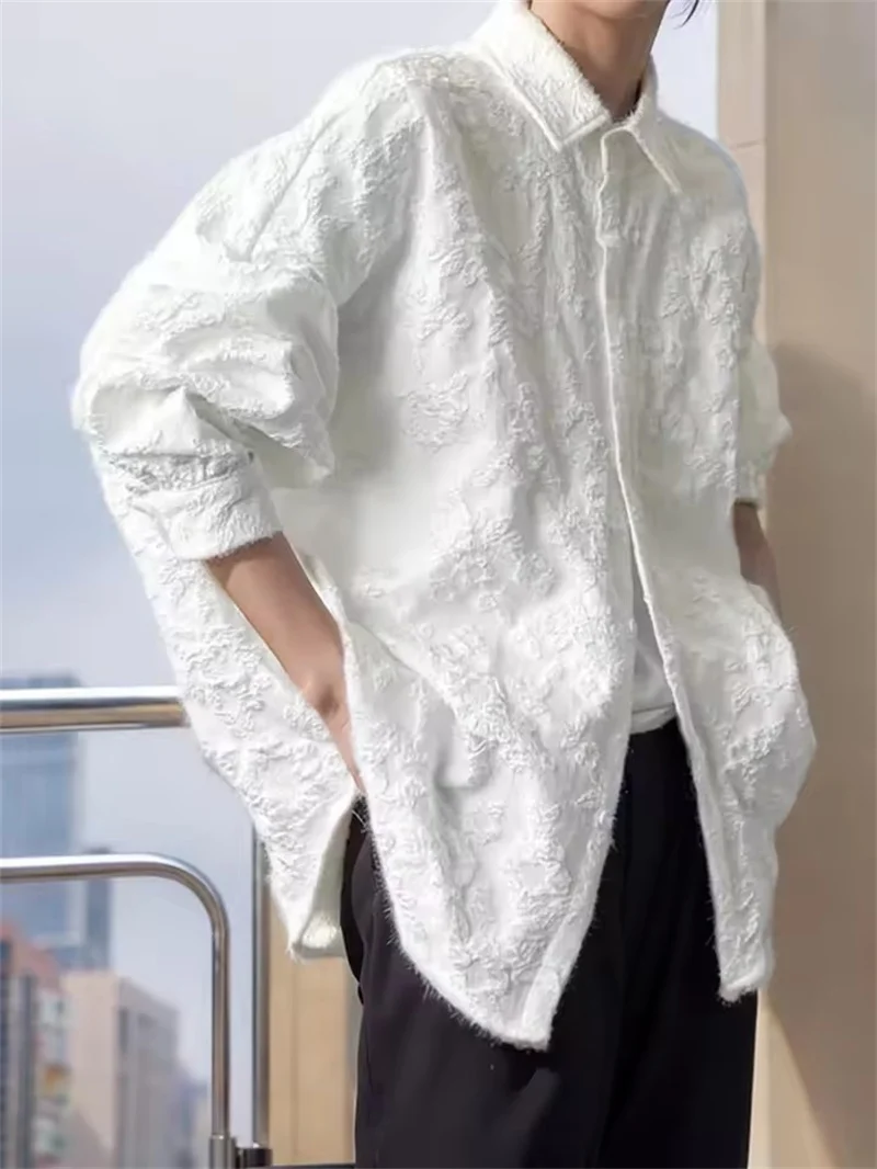 3XL 화이트 새로운 구겨진 자카드 셔츠 남성 느슨한 패션 솔리드 캐주얼 턴 다운 칼라 탑 새로운 모든 경기 긴 소매 블라우스