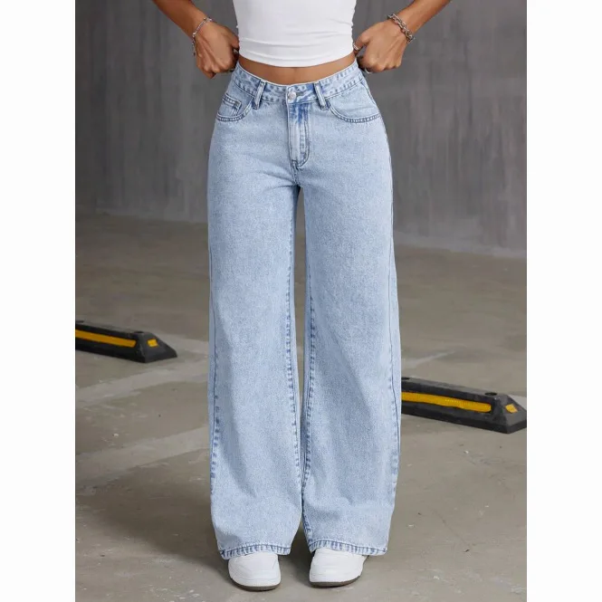 트렌디한 크로스보더 인기 상품 하이웨이스트 루즈핏 캐주얼 데님 팬츠 여성용 스윗앤스파이시 스타일 와이드 스트레이트 루즈 진