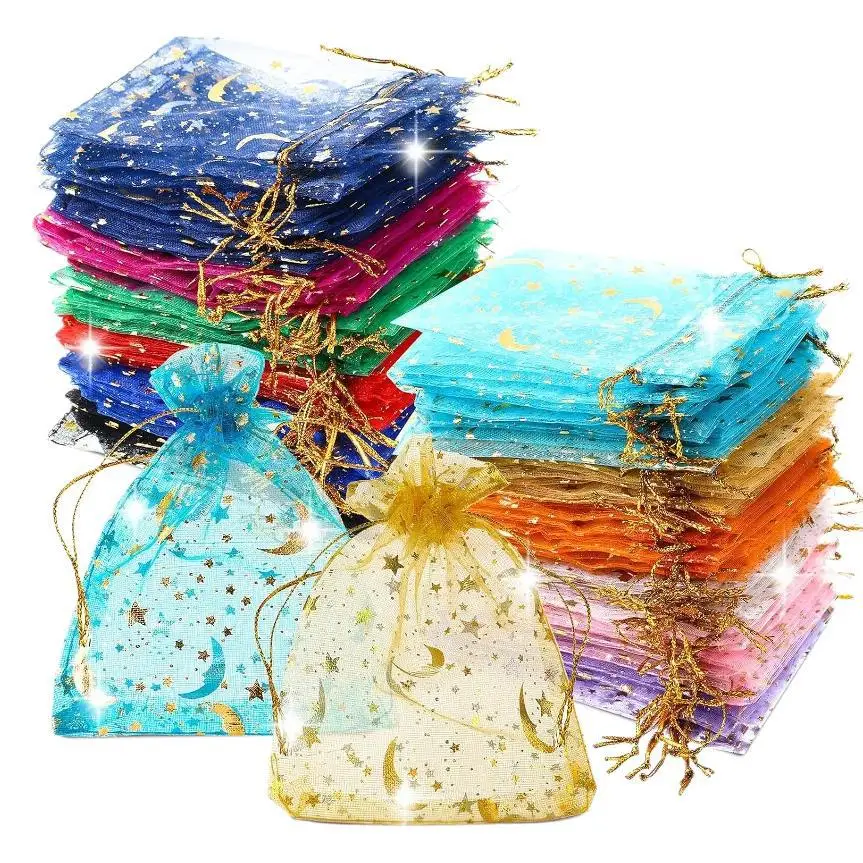 50pcs 다채로운 문 스타 Organza 쥬얼리 가방 7x9 9x12 13x18cm 메쉬 파우치 크리스마스 웨딩 파티 사탕 선물 포장 가방
