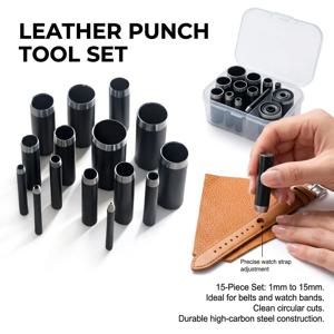15pcs 가죽 구멍 펀치 세트 1-15mm 인체공학적 합금강 라운드 펀치 도구 (벨트, 시계줄, DIY 공예용)
