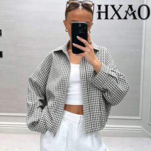 HXAO 체크 무늬 여성용 봄버 재킷 데미 시즌 긴팔 크롭 재킷 여성 시크 오버사이즈 체크 바시티 재킷 아우터웨어