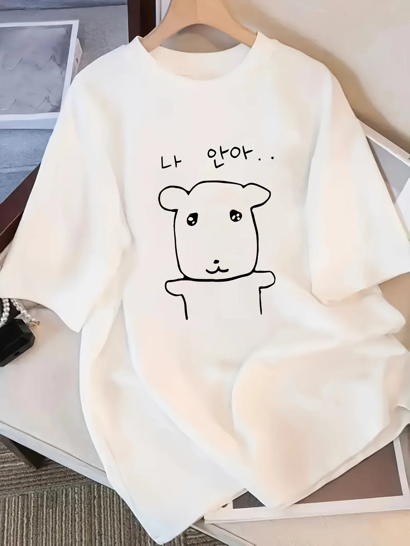 새로운 여름 우아한 여성용 루즈 드롭 숄더 라운드 넥 티셔츠 반팔, 일본과 한국 스타일의 만화 강아지